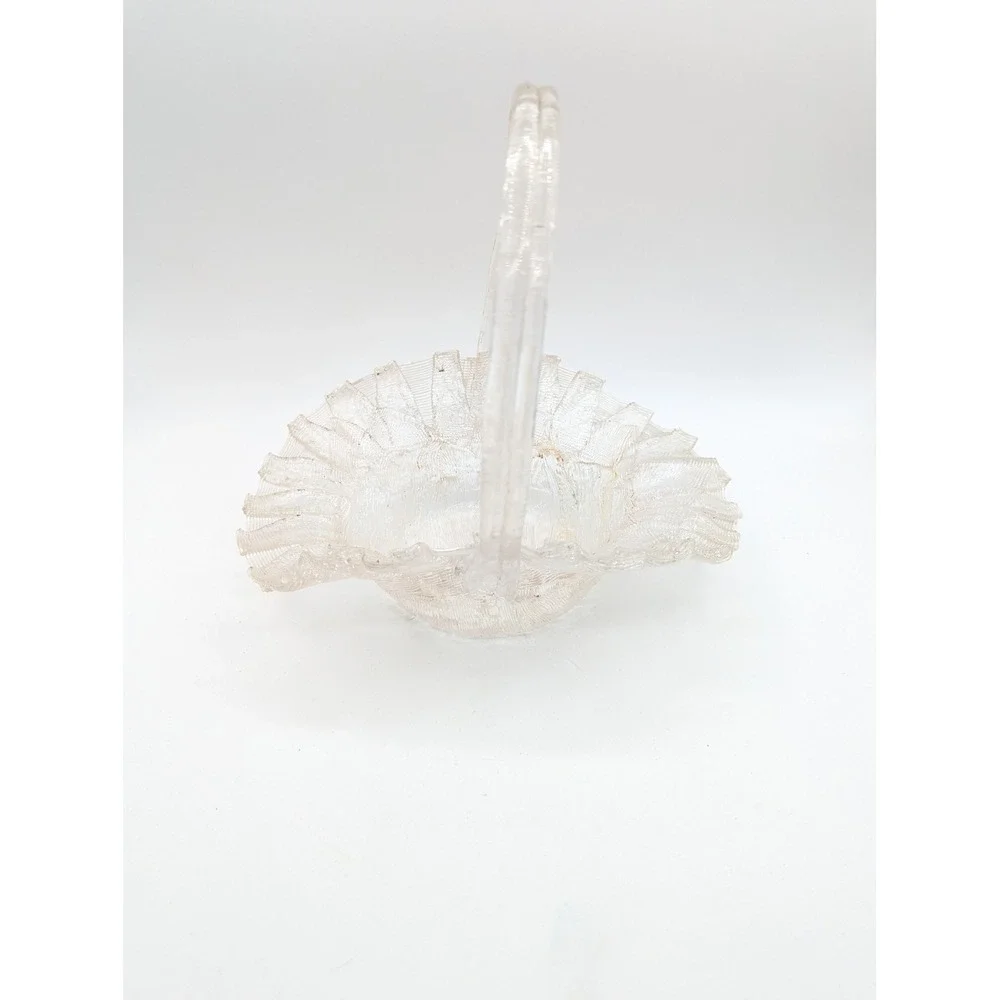 Vintage Clear Spun Glass Ruffled Basket Arched Handle Centerpiece Decor 8.5